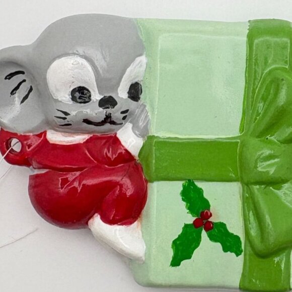 Vintage Christmas Mouse Ornament With Gift & Holly Design Hand Painted - Picture 6 of 6